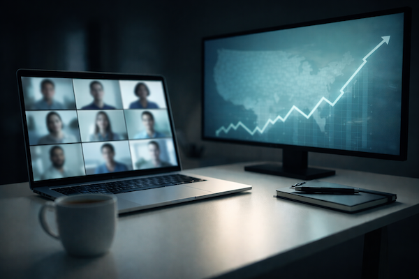 International SaaS founder on video call with U.S. growth chart on laptop screen