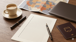 Desk with U.S. map and checklist showing how to enter the US market for European brands