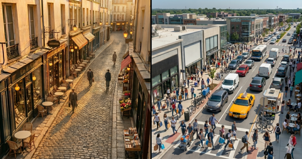 European brand storefront contrasted with U.S. shopping district, illustrating DTC brands entering US market