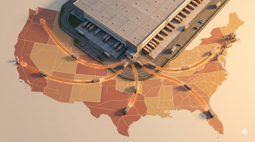Warehouse with multi-directional truck routes illustrating cross-border ecommerce US fulfillment